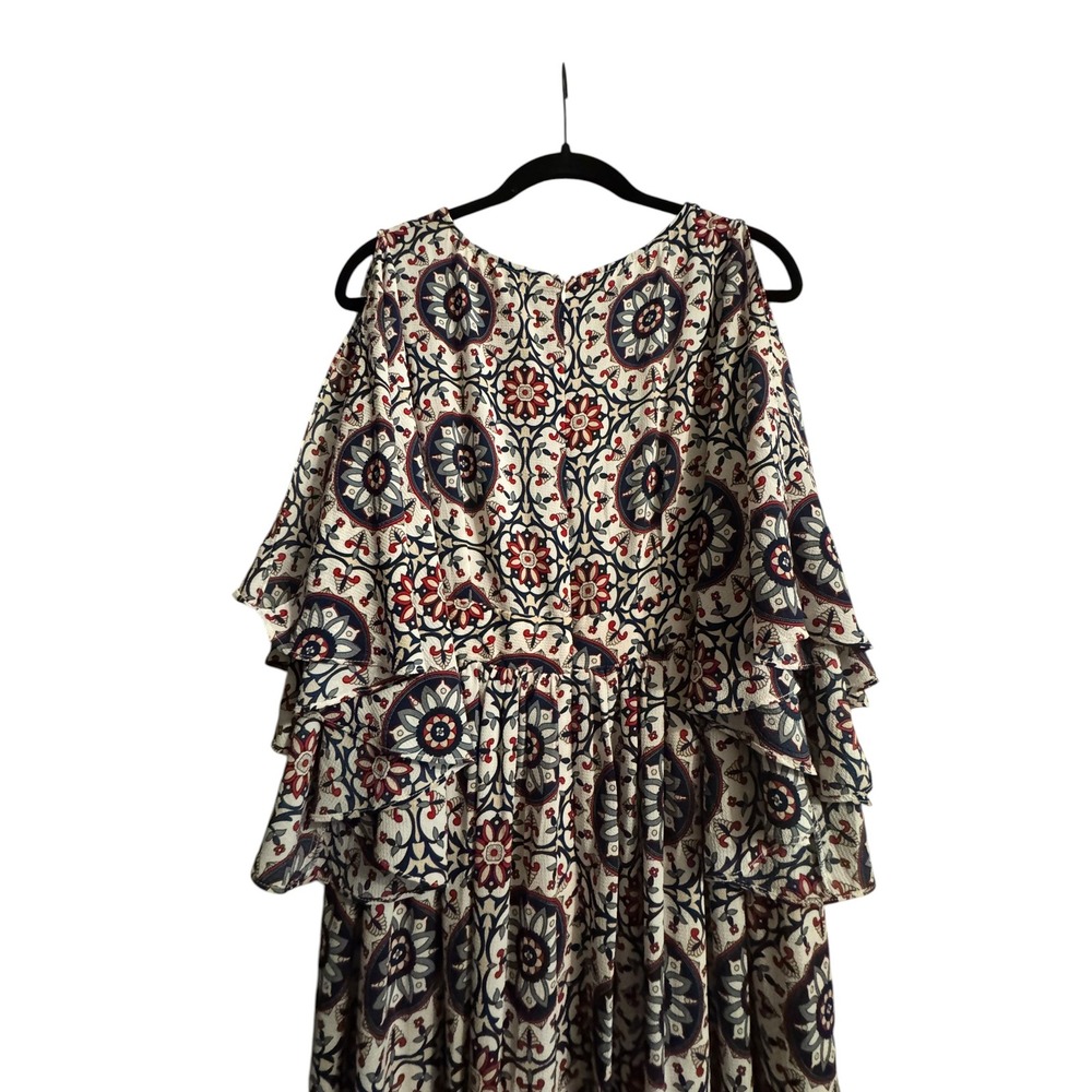 Impressions Medallion Print Maxi Dress Blue Red Ruffle Bell Sleeve Large Boho - Picture 10 of 12